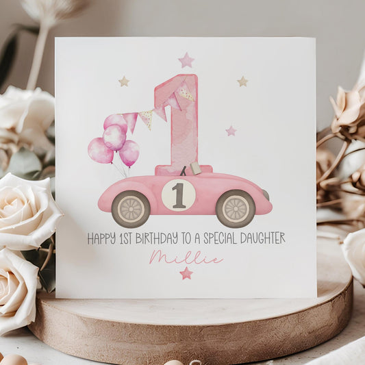 Pink Race Car 1st Birthday Card for Girls – Cotton and Twigg
