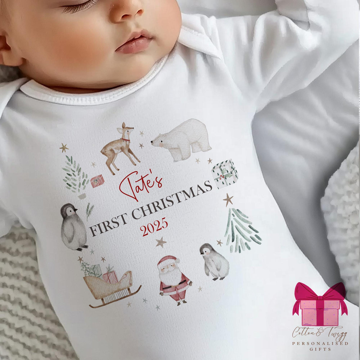 Arctic Animals Baby's First Christmas Sleepsuit, Vest & Bib