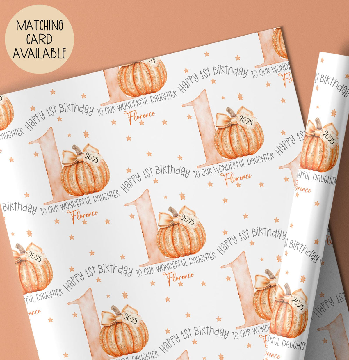 Girls pumpkin 1st birthday wrapping paper