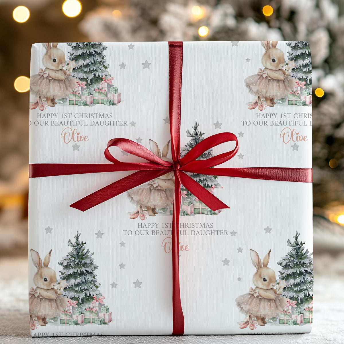 Girls pink bunny 1st Christmas wrapping paper