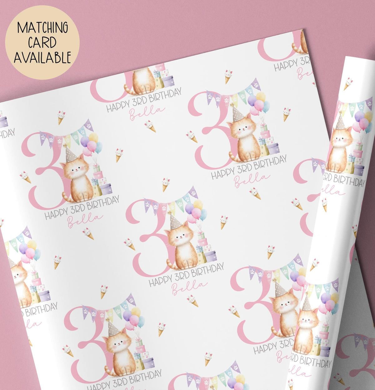 Girls cat 1st birthday wrapping paper