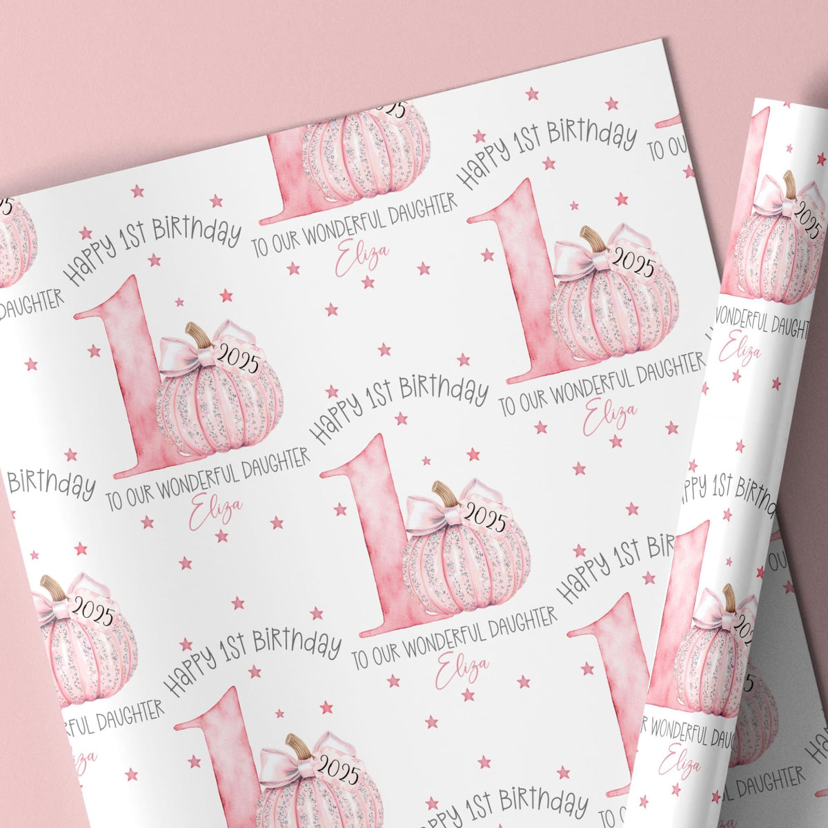 Girls pink pumpkin 1st birthday wrapping paper