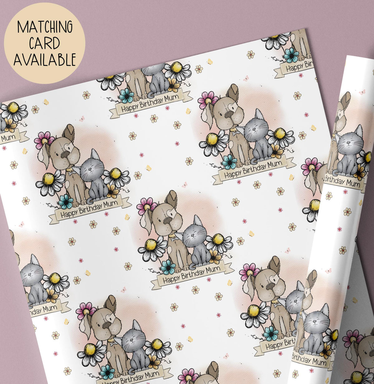 Kids cat and dog birthday wrapping paper