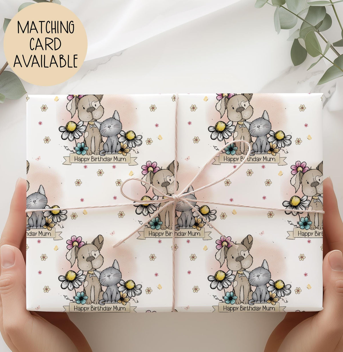 Kids cat and dog birthday wrapping paper