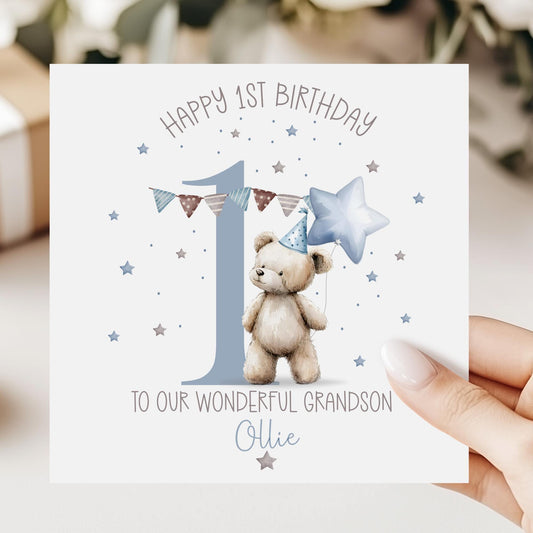 Blue Teddy & Star Balloon 1st Birthday Card for Boys – Cotton and Twigg