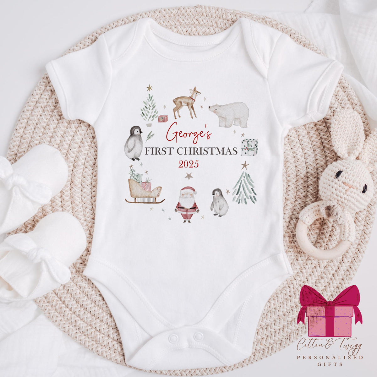 Arctic Animals Baby's First Christmas Sleepsuit, Vest & Bib