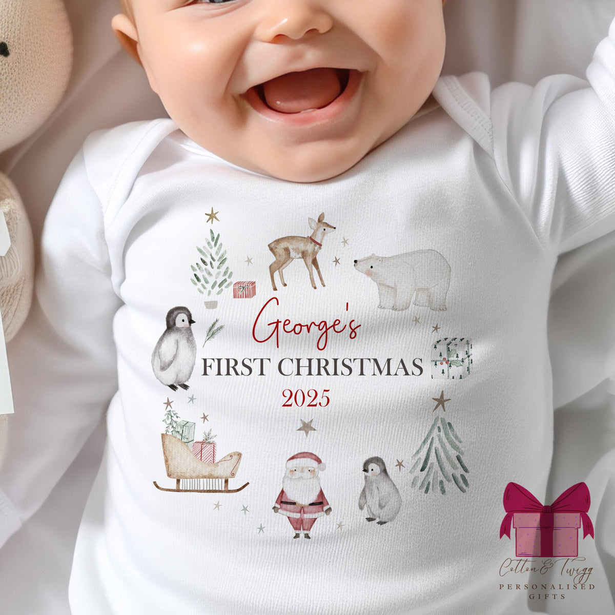 Arctic Animals Baby's First Christmas Sleepsuit, Vest & Bib