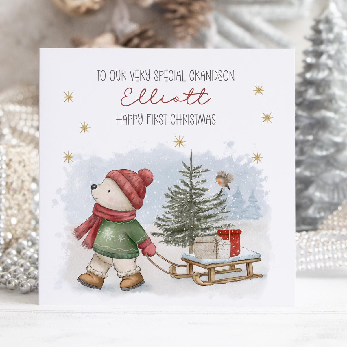 Polar Bear Sledge Baby's First Christmas Card for Baby Boy – Cotton and Twigg