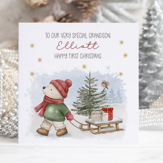 Polar Bear Sledge Baby's First Christmas Card for Baby Boy – Cotton and Twigg