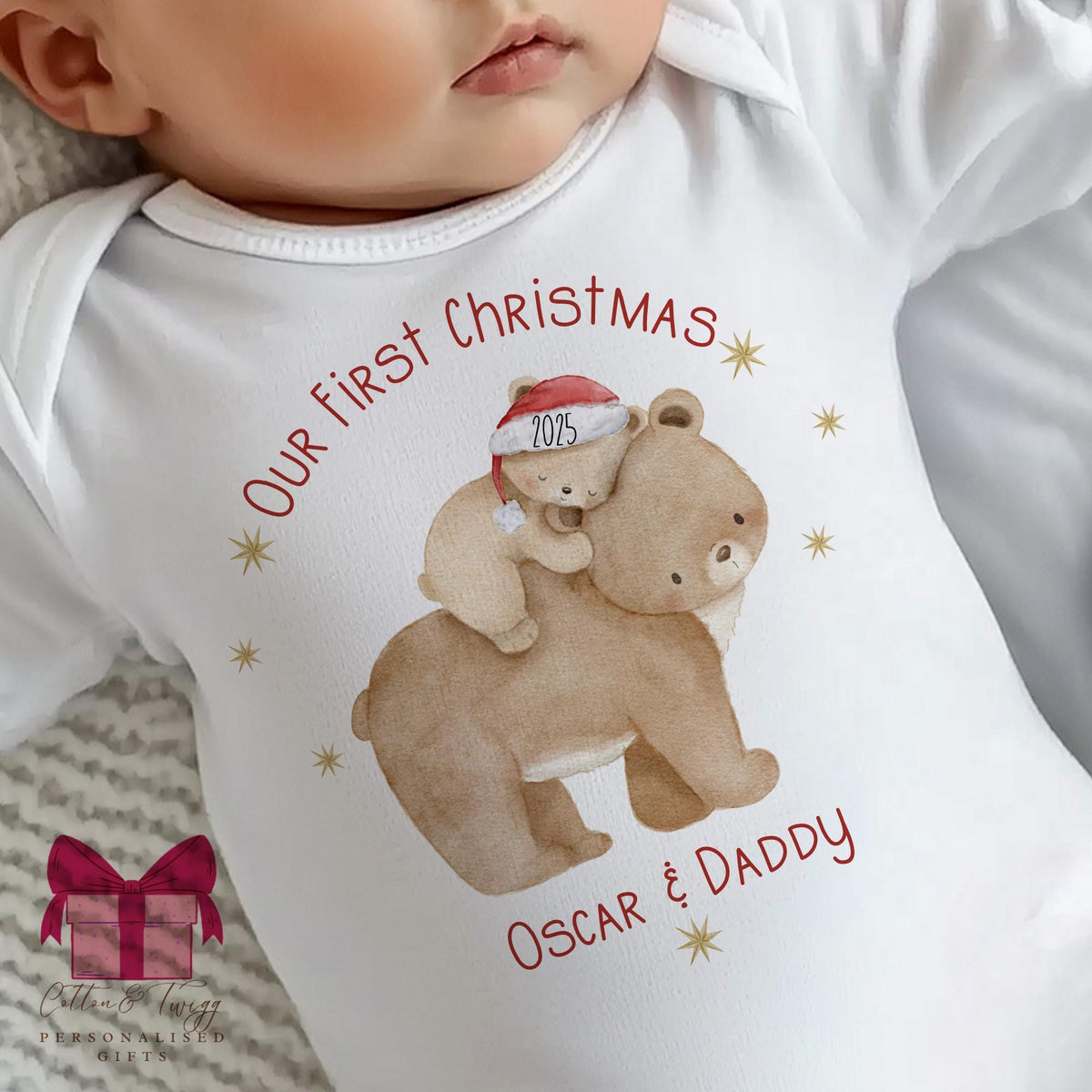 Bear and Daddy Baby's First Christmas Sleepsuit, Vest & Bib