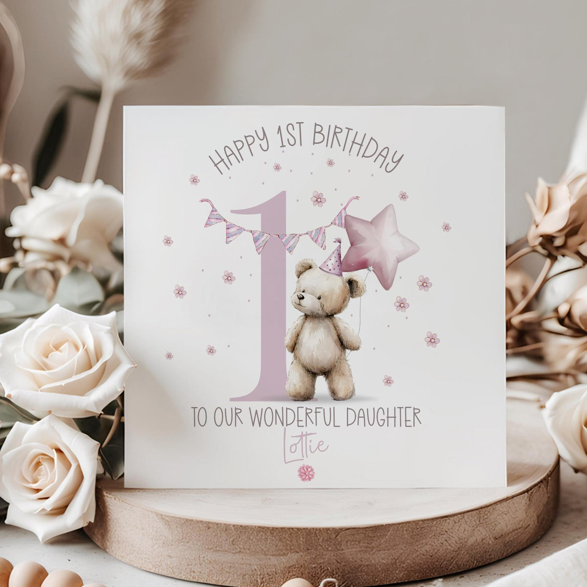 Pink Teddy & Star Balloon 1st Birthday Card for Girls – photo 3