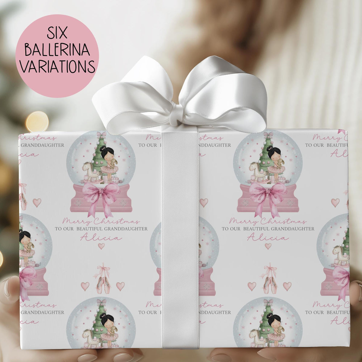 Kids pink ballerina snow globe Christmas wrapping paper