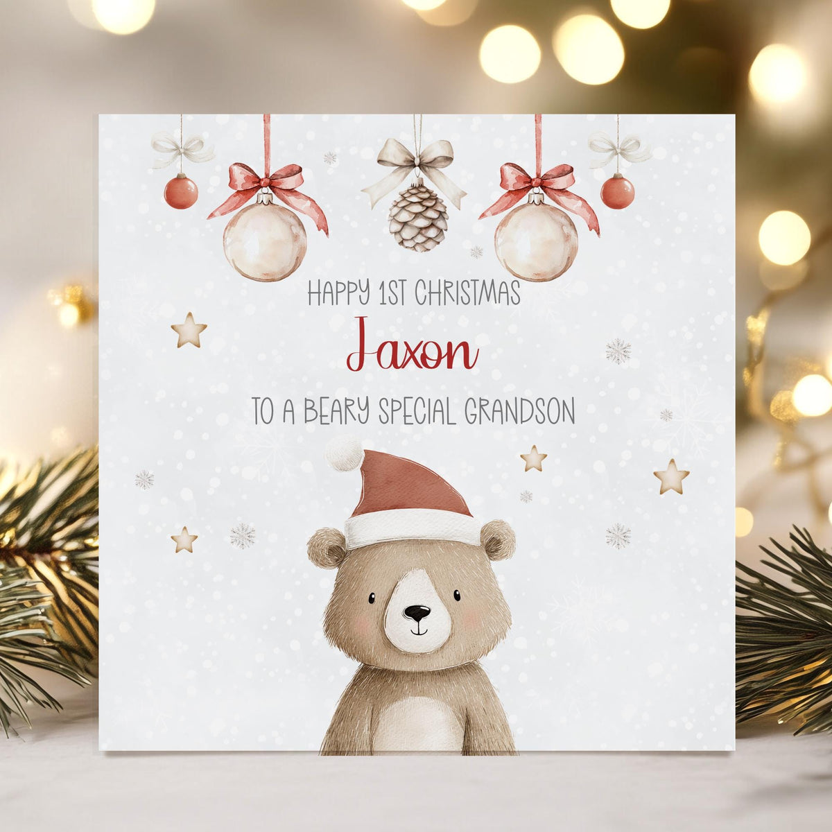 Teddy in Santa Hat Baby's First Christmas Card for Baby Boy – Cotton and Twigg