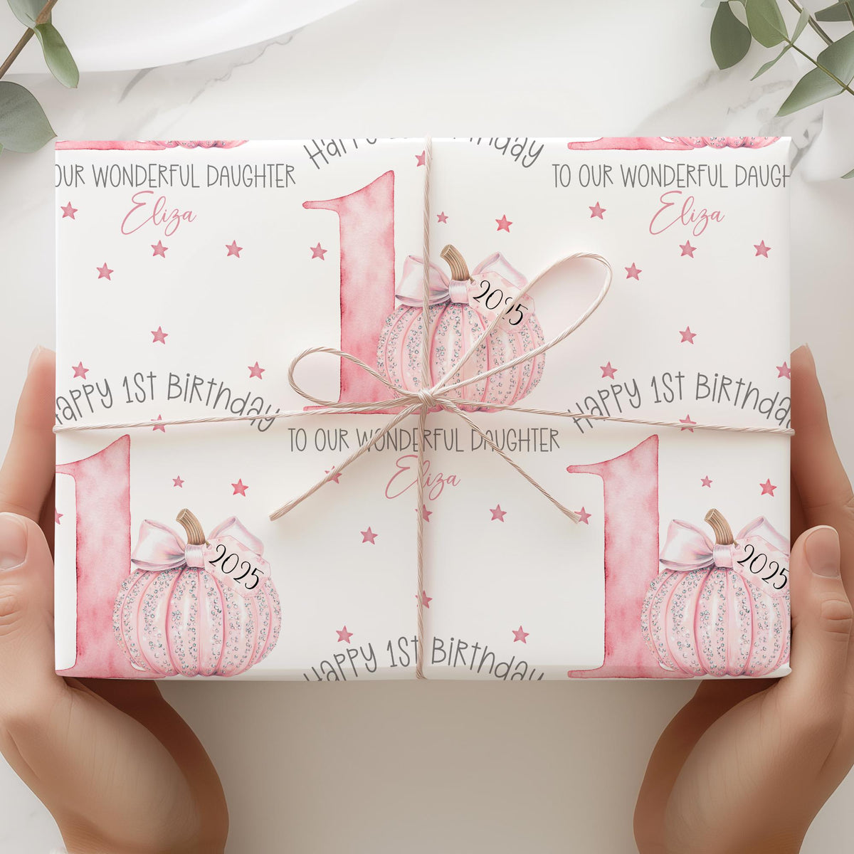 Girls pink pumpkin 1st birthday wrapping paper