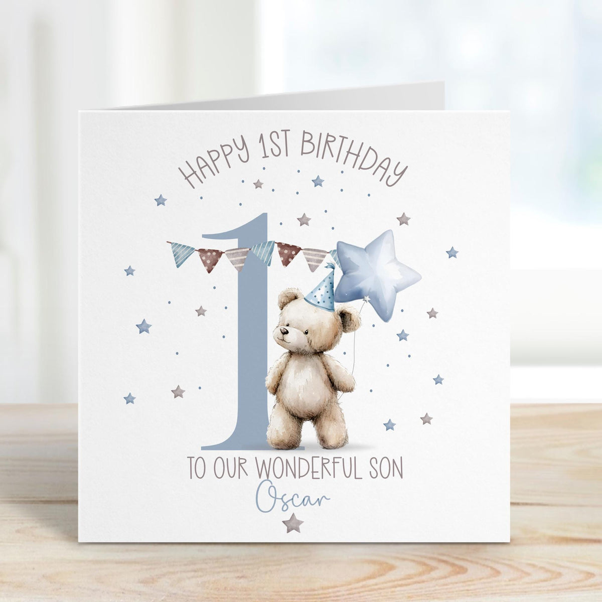 Blue Teddy & Star Balloon 1st Birthday Card for Boys – photo 2