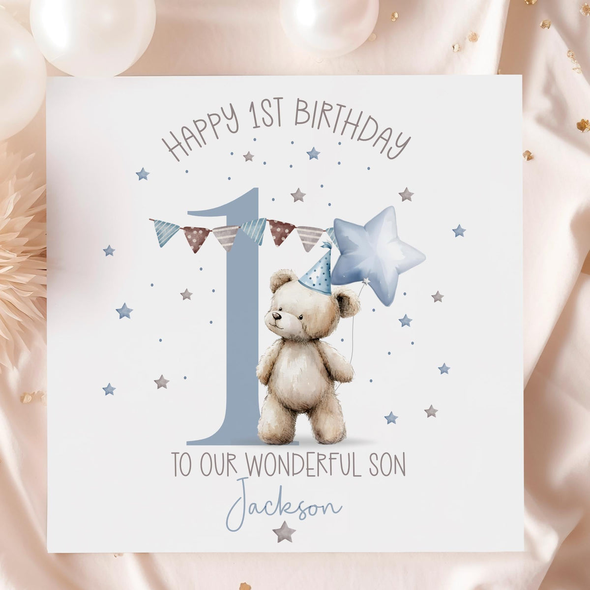 Blue Teddy & Star Balloon 1st Birthday Card for Boys – photo 3