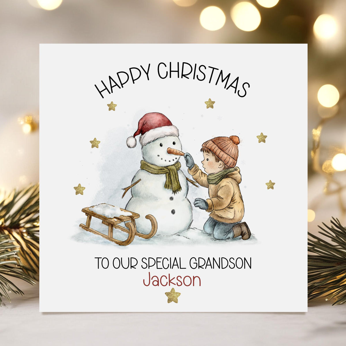 Snowman & Sledge Christmas Card for Boys – Cotton and Twigg