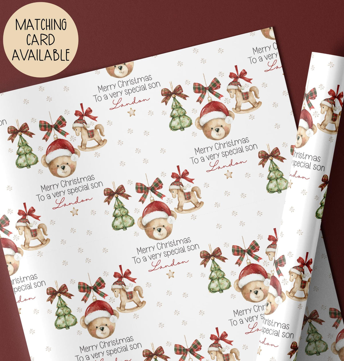Kids teddy and rocking horse 1st Christmas wrapping paper