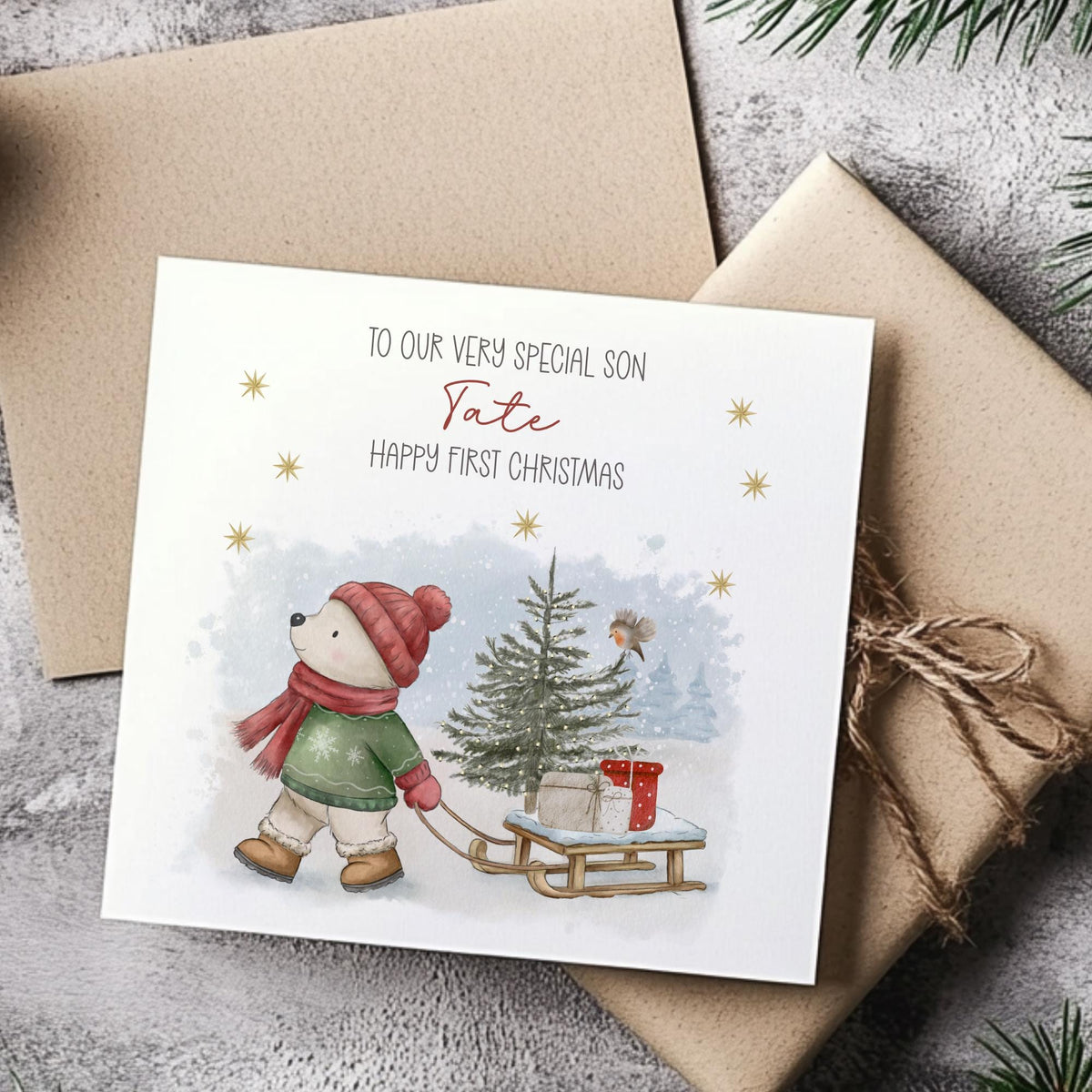Polar Bear Sledge Baby's First Christmas Card for Baby Boy – photo 2