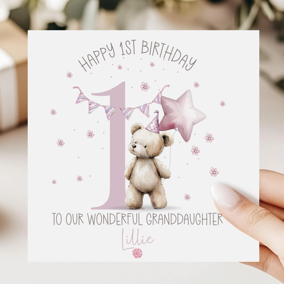 Pink Teddy & Star Balloon 1st Birthday Card for Girls – photo 2