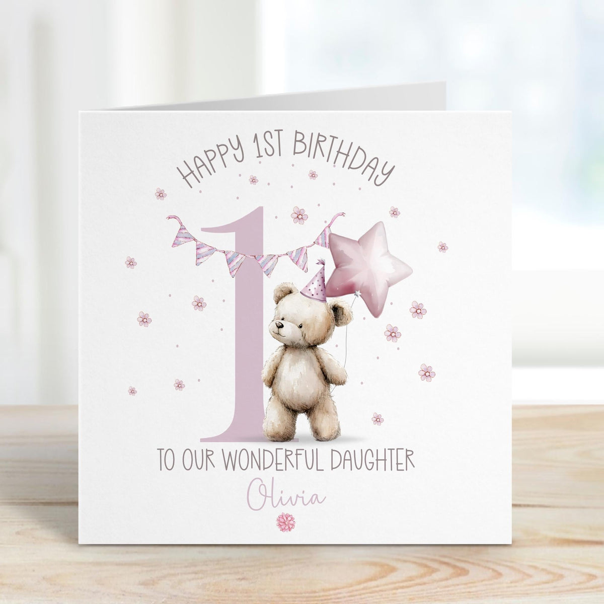 Pink Teddy & Star Balloon 1st Birthday Card for Girls – Cotton and Twigg