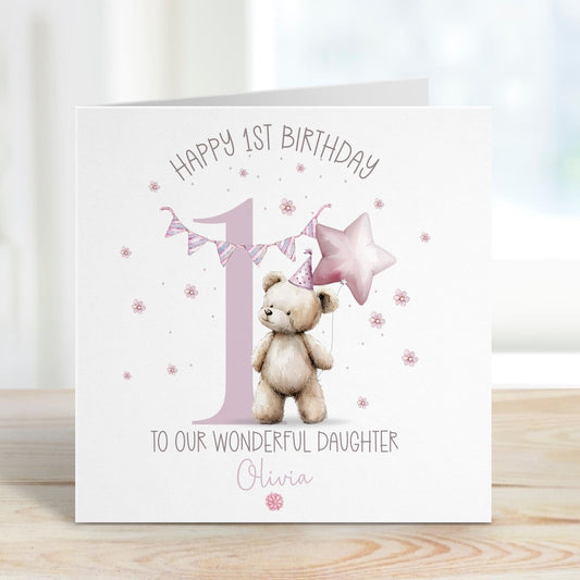 Pink Teddy & Star Balloon 1st Birthday Card for Girls – Cotton and Twigg