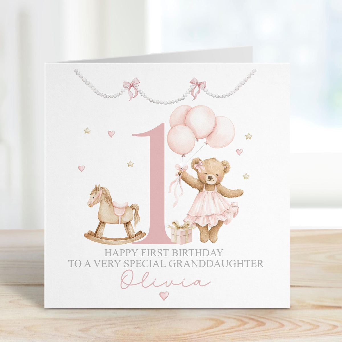 Pink Teddy & Rocking Horse 1st Birthday Card for Girls – photo 3