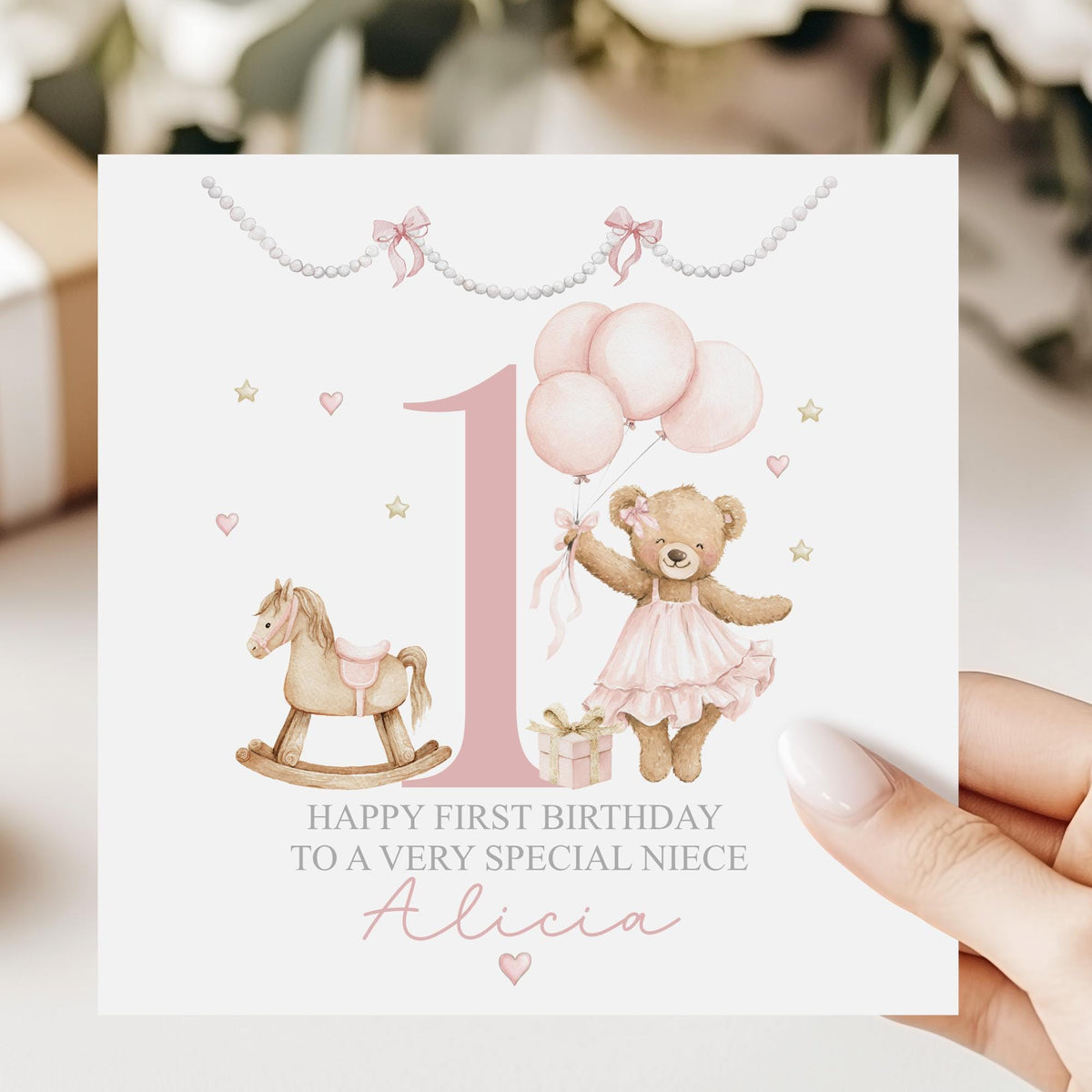 Pink Teddy & Rocking Horse 1st Birthday Card for Girls – photo 2