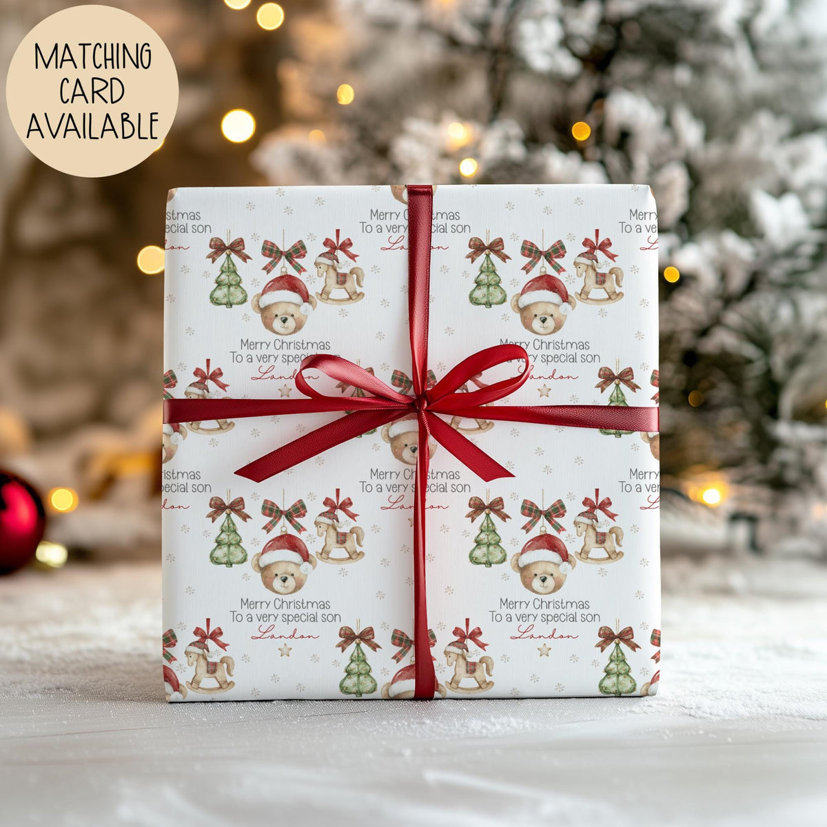 Kids teddy and rocking horse 1st Christmas wrapping paper