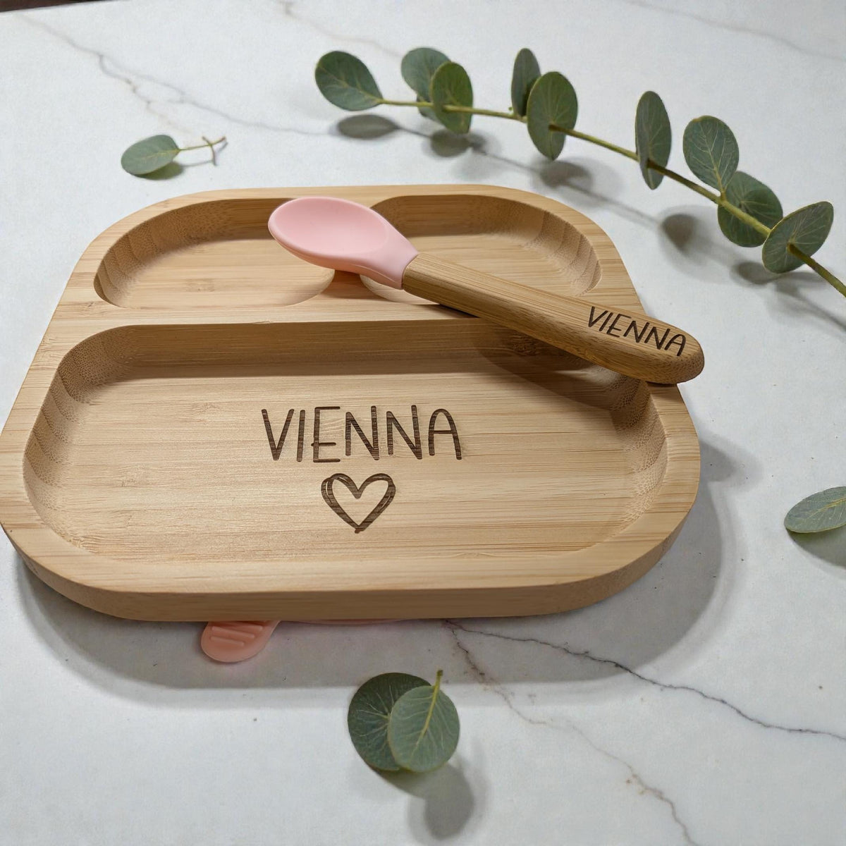 Personalised Engraved Bamboo Weaning Set – Suction Plate, Bowl, Spoon & Fork