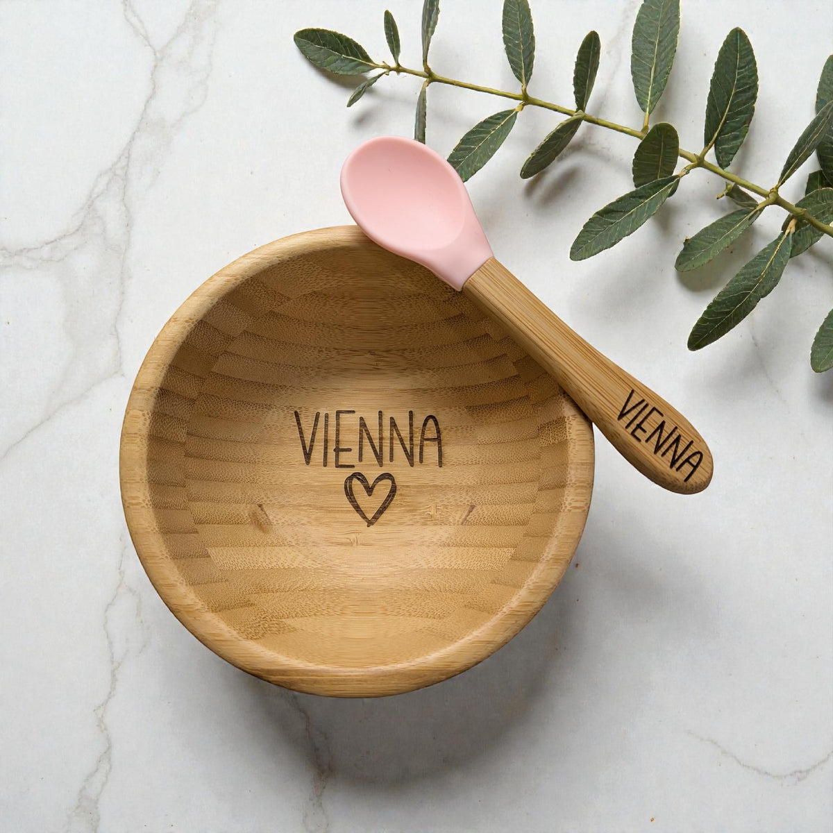Personalised Engraved Bamboo Weaning Set – Suction Plate, Bowl, Spoon & Fork