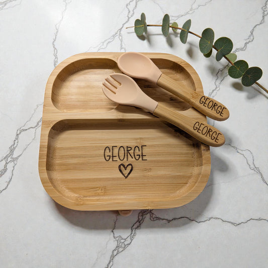 Personalised Engraved Bamboo Weaning Set – Suction Plate, Bowl, Spoon & Fork
