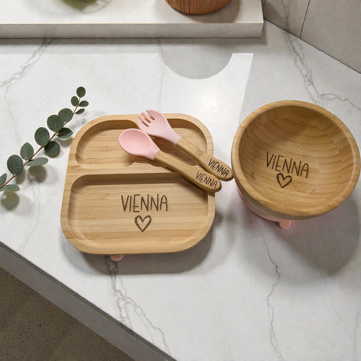 Personalised Engraved Bamboo Weaning Set – Suction Plate, Bowl, Spoon & Fork