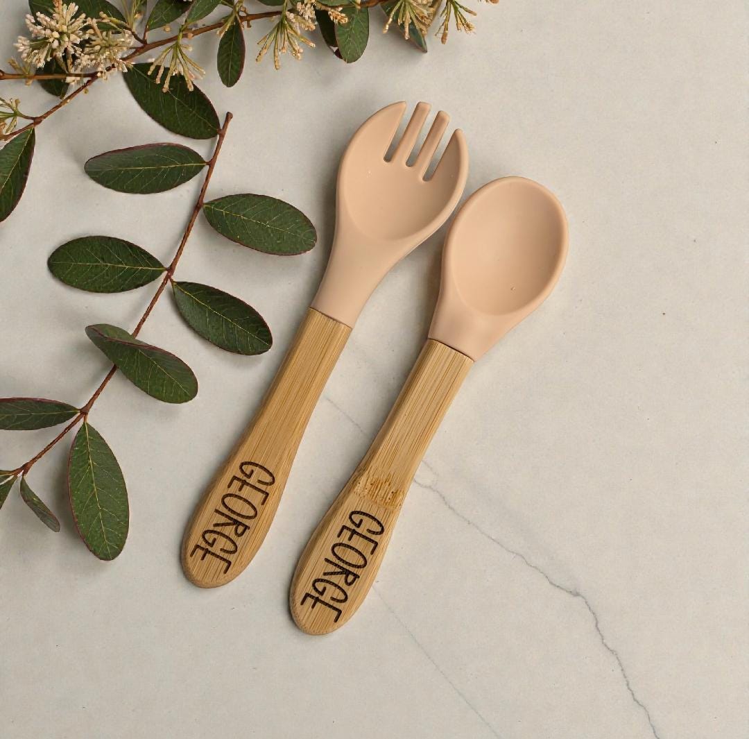 Personalised Engraved Bamboo Weaning Set – Suction Plate, Bowl, Spoon & Fork