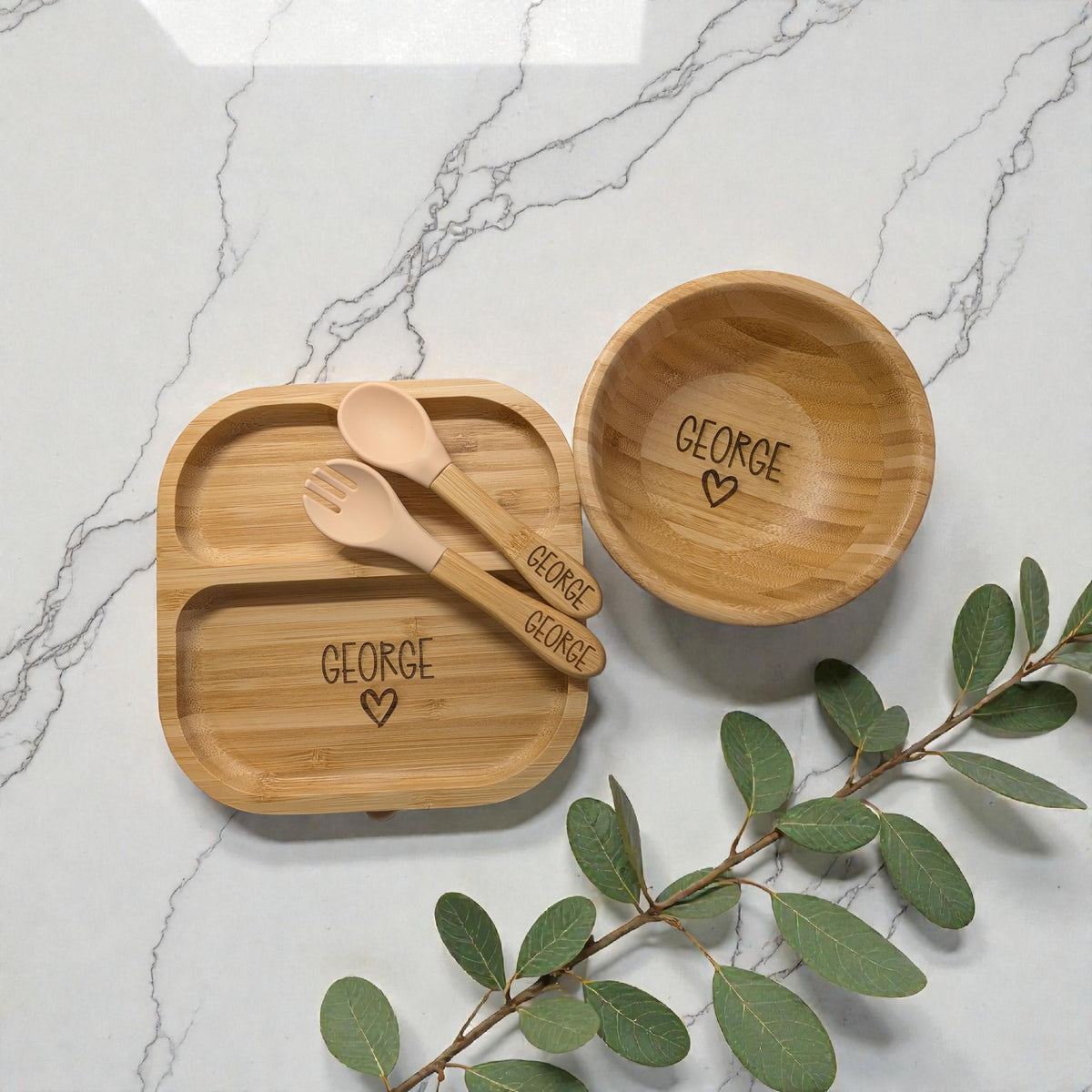 Personalised Engraved Bamboo Weaning Set – Suction Plate, Bowl, Spoon & Fork