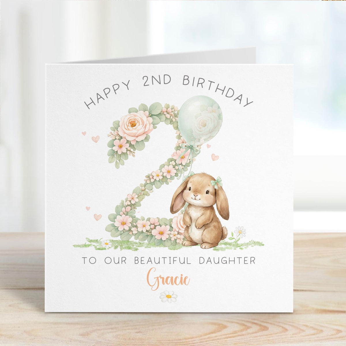 Floral Bunny Number 2 Second Birthday Card for Girls – Cotton and Twigg