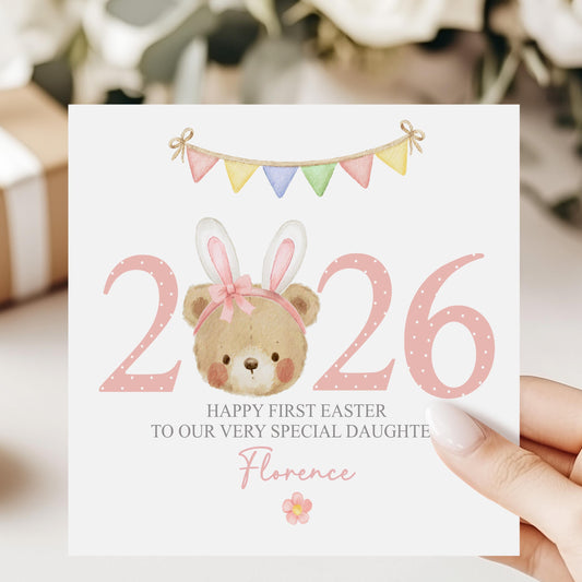 Bunny Ears Teddy Baby's First Easter Card 2026 for Baby Girl – Cotton and Twigg
