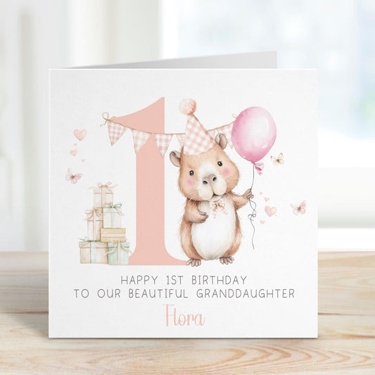 Capybara & Balloon 1st Birthday Card for Girls – Cotton and Twigg