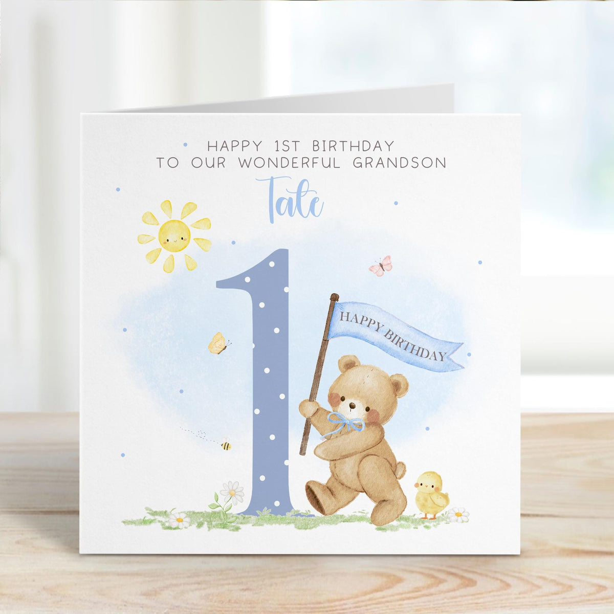 Blue Teddy & Banner 1st Birthday Card for Boys – Cotton and Twigg