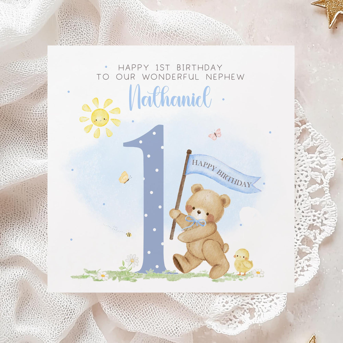 Blue Teddy & Banner 1st Birthday Card for Boys – photo 2