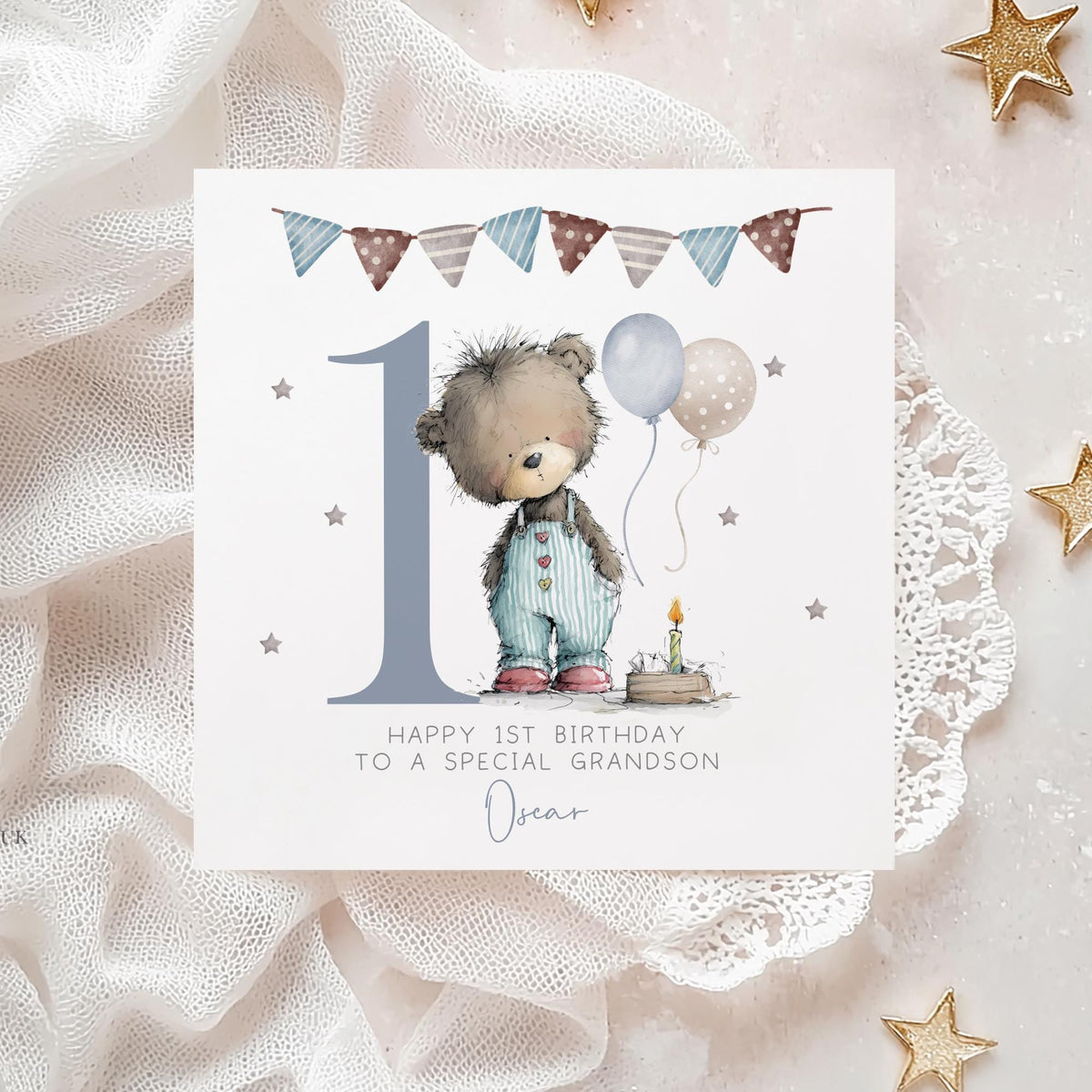 Teddy & Balloons Number 1 First Birthday Card for Boys – Cotton and Twigg