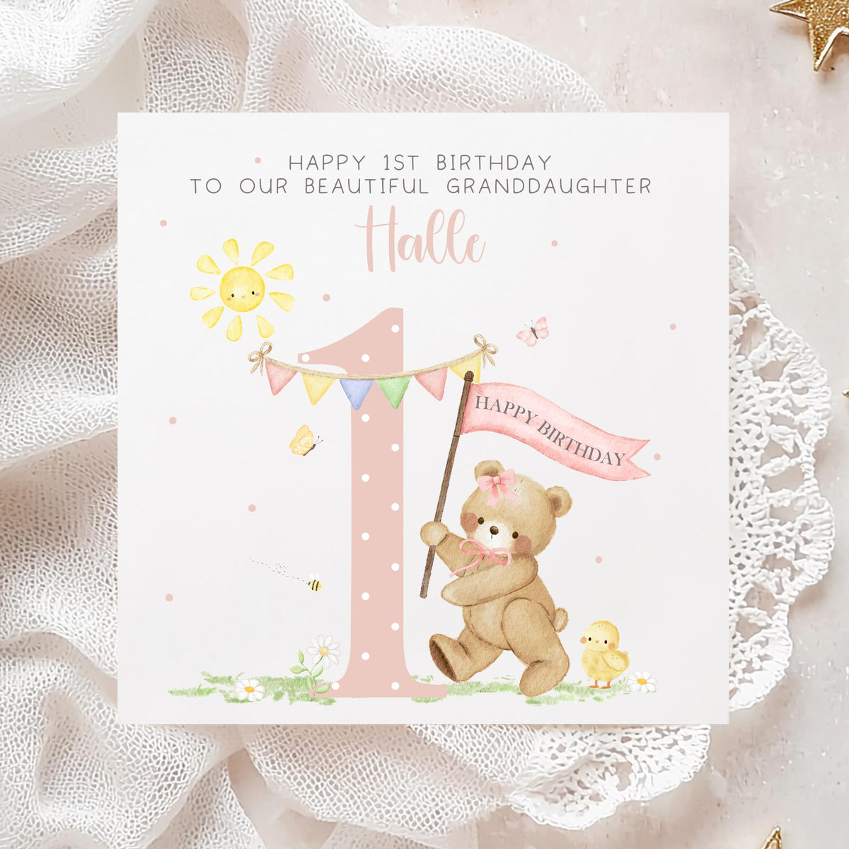Pink Teddy & Banner 1st Birthday Card for Girls – photo 3