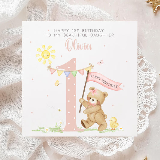 Pink Teddy & Banner 1st Birthday Card for Girls – Cotton and Twigg