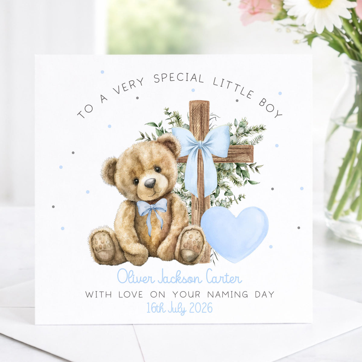 Blue Teddy & Cross Christening Card for Boys – Baptism or Naming Day – photo 2