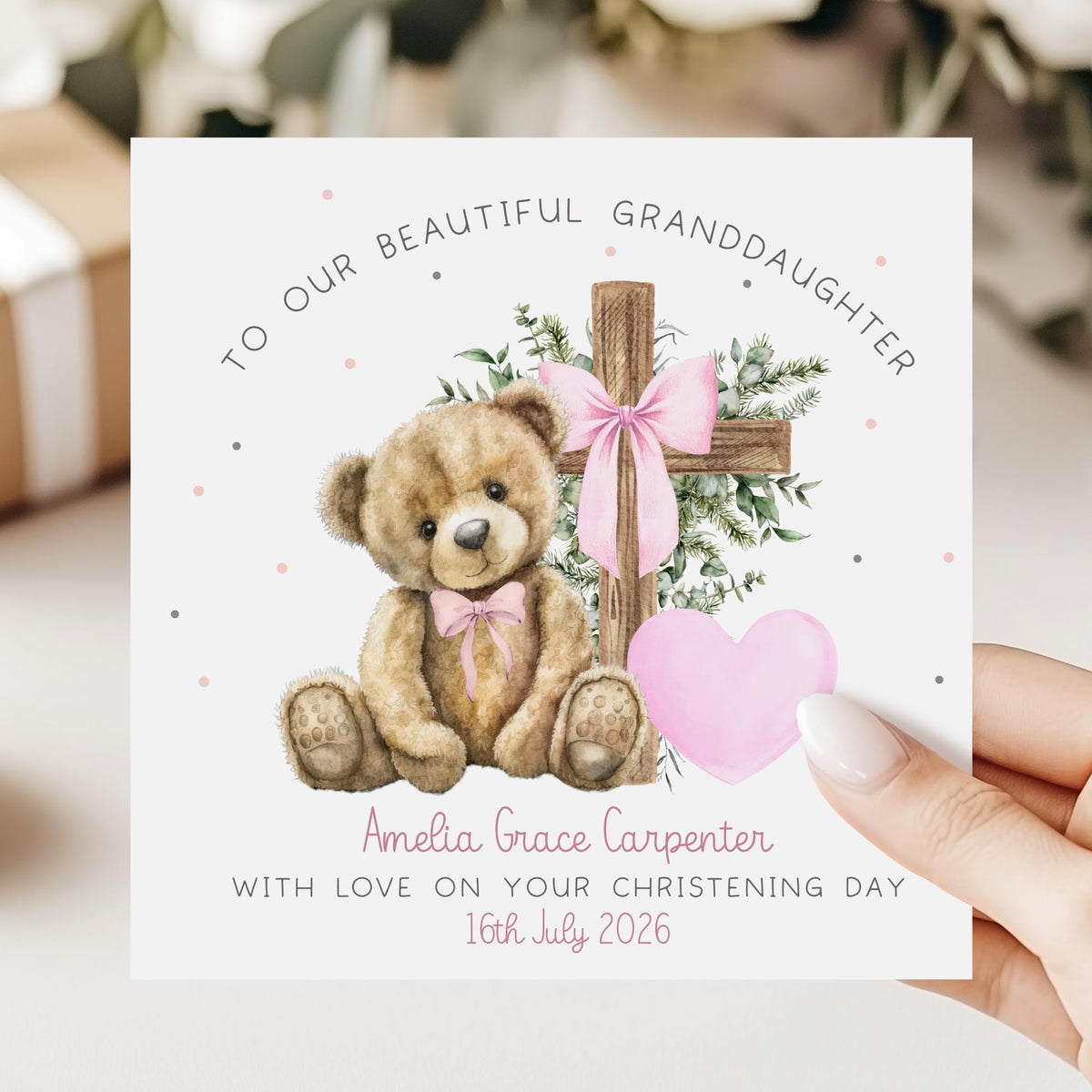Pink Teddy & Cross Christening Card for Girls – Baptism or Naming Day – photo 2