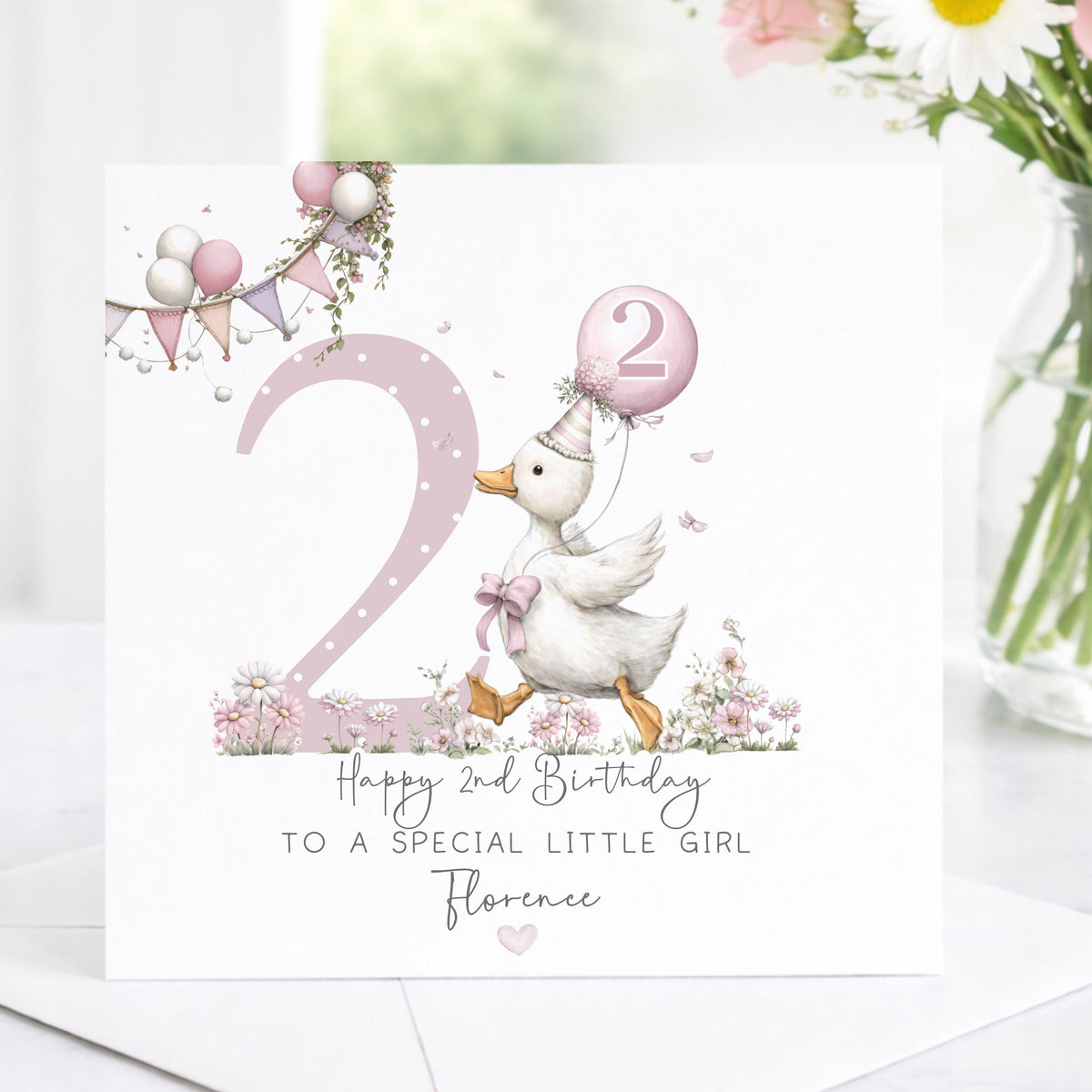 Pink Goose Balloon 2nd Birthday Card for Girls – Cotton and Twigg