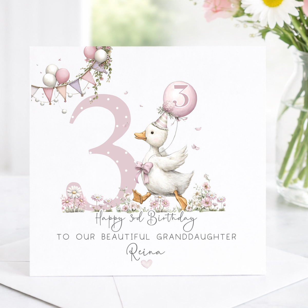 Pink Goose Balloon 3rd Birthday Card for Girls – Cotton and Twigg
