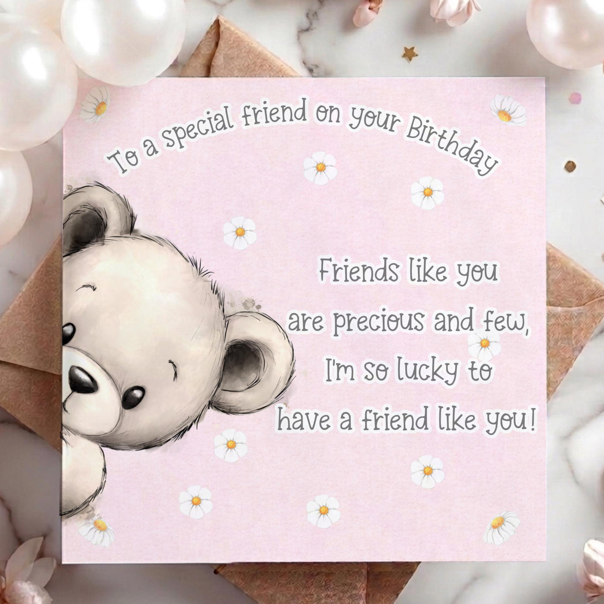 Peeking Teddy Best Friend Birthday Card – Pink – Cotton and Twigg