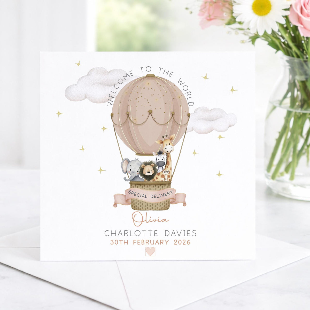 Safari Hot Air Balloon New Baby Card – Welcome to the World – Cotton and Twigg
