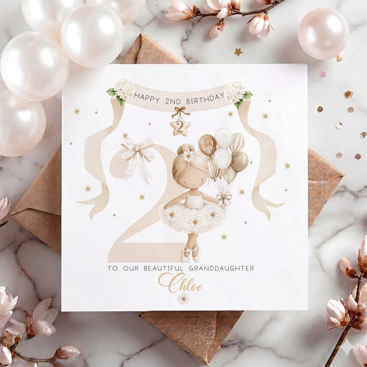 Neutral Ballerina Teddy 2nd Birthday Card for Girls – Cotton and Twigg